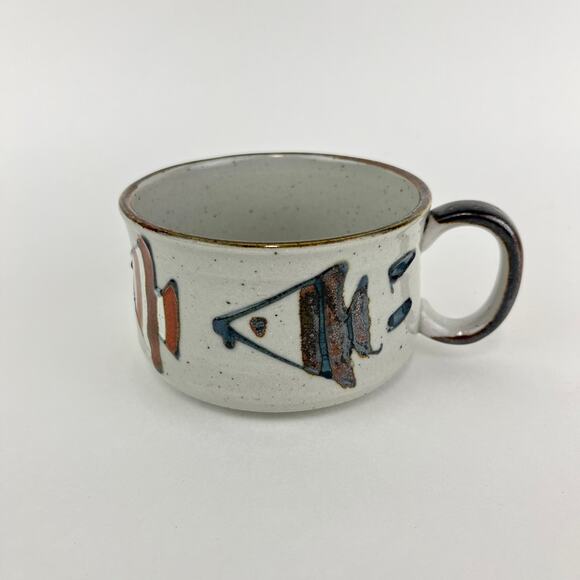 Stoneware Hand Painted Glazed Mug with Raised Fish Graphic - Picture 1 of 7